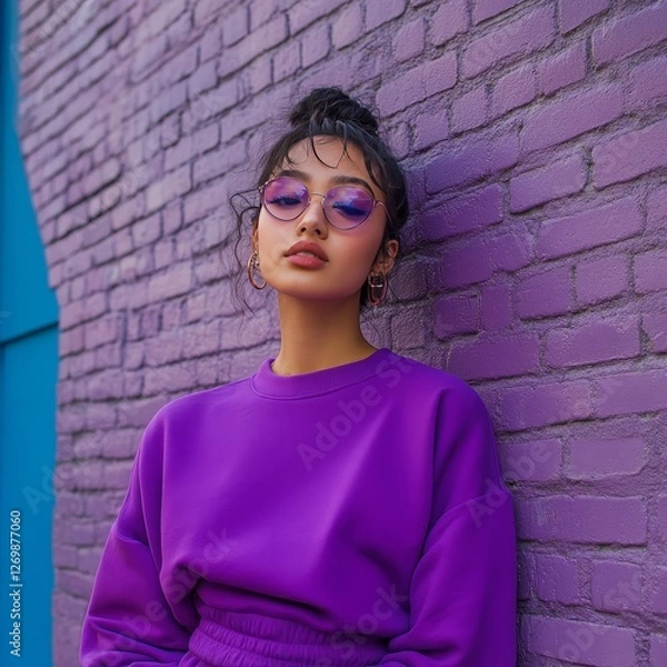 Fototapeta Young Woman in Purple Outfit With Cap and Glasses Poses Against Colorful Graffiti Wall in Urban Setting During Daylight Hours
