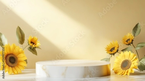 Fototapeta Bright Sunflowers Arranged Around a Marble Pedestal in a Soft, Neutral-Toned Setting Creating a Warm and Inviting Atmosphere