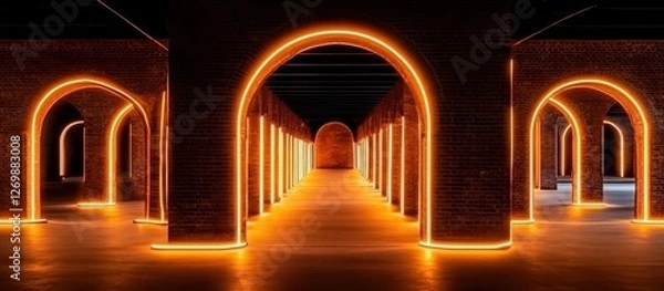 Obraz Illuminated Brick Archway Corridor Neon Lights