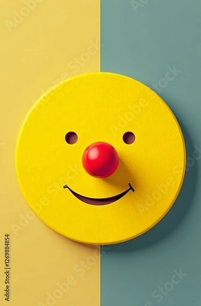 Fototapeta Round shape mask, yellow color with clown nose, happy smile on yellow background. Vertical concept of April Fools' Day entertainment