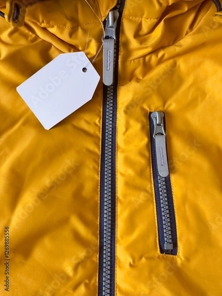 Fototapeta Label on clothes. New orange jacket with white price tag. Fragment of jacket with label, zipper, zippered pocket. Sewing clothes, production and sale of things