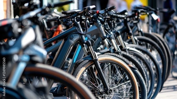 Fototapeta Row of modern electric bikes displayed for sale in a bicycle shop