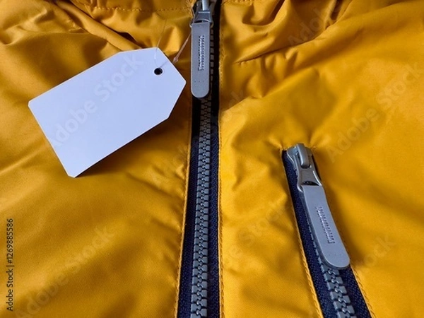Fototapeta Label on clothes. New orange jacket with white price tag. Fragment of jacket with label, zipper, zippered pocket. Sewing clothes, production and sale of things