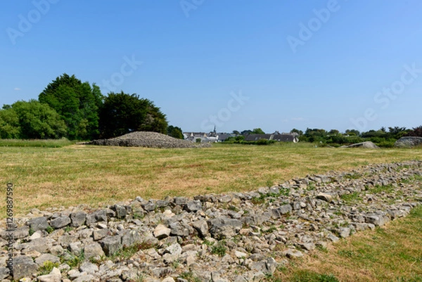 Fototapeta The large broken menhir in Locmariaquer in Europe, France, Brittany, Morbihan, Locmariaquer, in summer, on a sunny day.