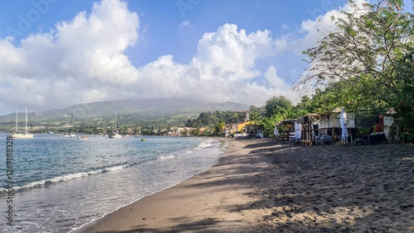 Obraz View of the beach and moored yachts in Martinique in the Caribbean Islands, near Saint Pierre