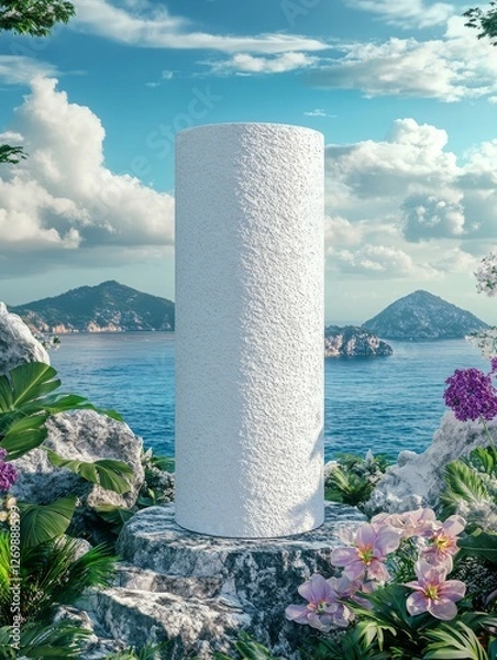 Fototapeta Beautiful Marble Planter With Vibrant Flowers Beside Tranquil Blue Waters and Scenic Mountains Under a Bright Sky