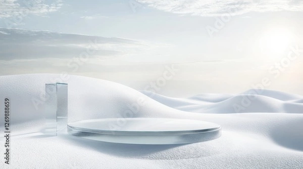 Fototapeta Stunning Snowy Landscape Featuring Rolling Dunes and a Circular Platform Under a Dramatic Sky