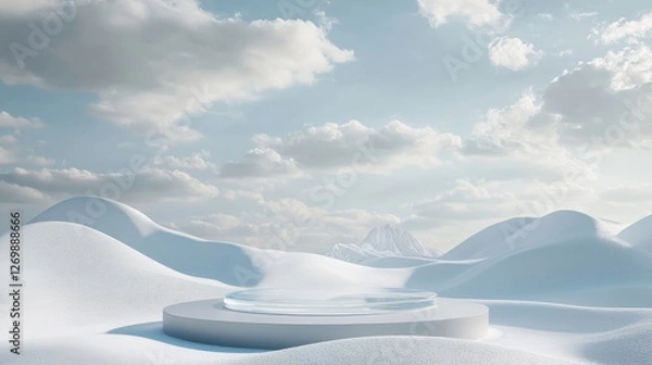 Fototapeta Stunning Snowy Landscape Featuring Rolling Dunes and a Circular Platform Under a Dramatic Sky