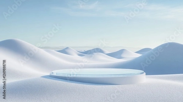 Fototapeta Stunning Snowy Landscape Featuring Rolling Dunes and a Circular Platform Under a Dramatic Sky
