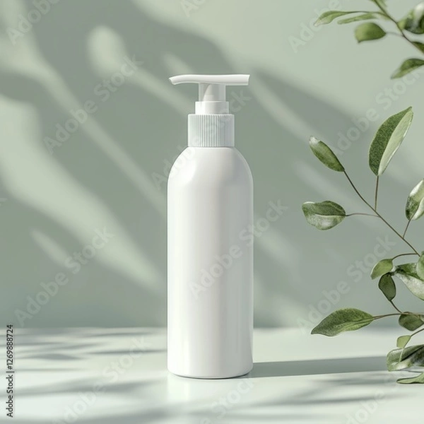 Fototapeta Elegant White Bottle With Pump on a Light Surface Surrounded by Green Leaves Creating a Serene and Modern Atmosphere
