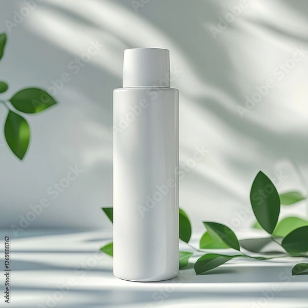 Fototapeta Elegant White Bottle With Pump on a Light Surface Surrounded by Green Leaves Creating a Serene and Modern Atmosphere
