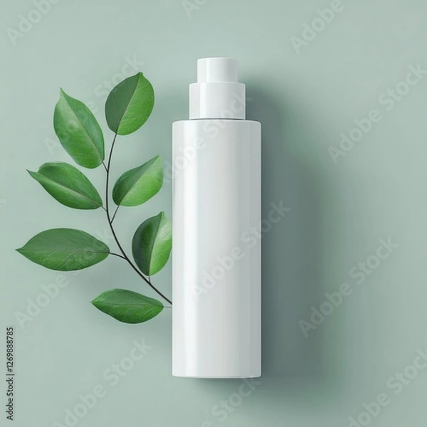 Fototapeta Elegant White Bottle With Pump on a Light Surface Surrounded by Green Leaves Creating a Serene and Modern Atmosphere