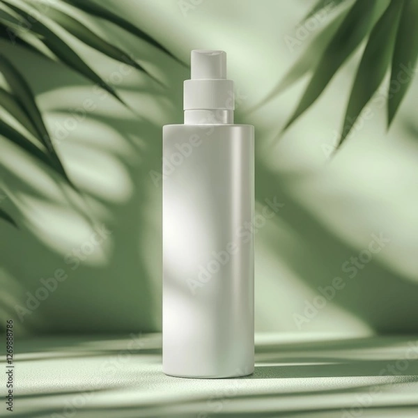 Fototapeta Elegant White Bottle With Pump on a Light Surface Surrounded by Green Leaves Creating a Serene and Modern Atmosphere
