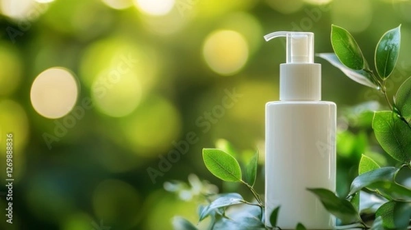Fototapeta Serene Composition Featuring a Clear Serum Bottle Surrounded by Green Leaves on a Soft Surface