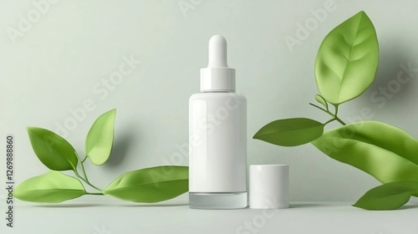 Fototapeta Serene Composition Featuring a Clear Serum Bottle Surrounded by Green Leaves on a Soft Surface