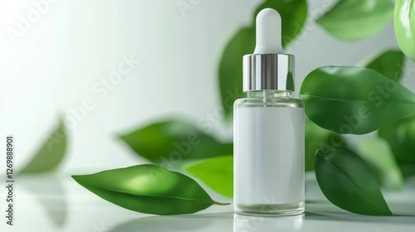 Fototapeta Serene Composition Featuring a Clear Serum Bottle Surrounded by Green Leaves on a Soft Surface