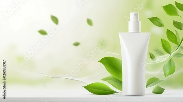 Fototapeta Serene Composition Featuring a Clear Serum Bottle Surrounded by Green Leaves on a Soft Surface