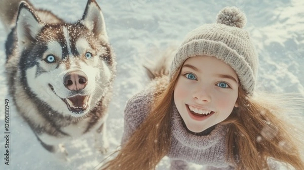 Fototapeta Smiling Girl With a Husky Dog Enjoying a Snowy Day in a Winter Wonderland