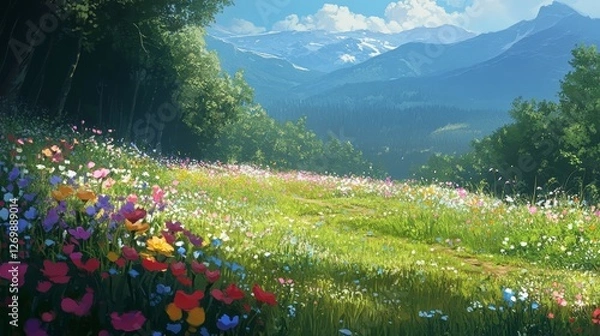 Fototapeta Colorful Wildflower Meadow in the Mountains During a Sunny Day With Clear Blue Skies and Distant Snow-Capped Peaks, Capturing Nature's Beauty and Tranquility