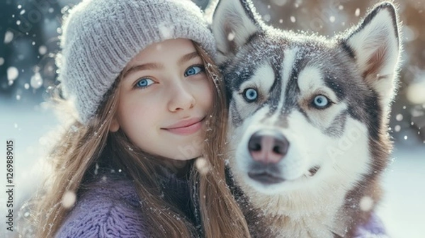 Fototapeta Smiling Girl With a Husky Dog Enjoying a Snowy Day in a Winter Wonderland