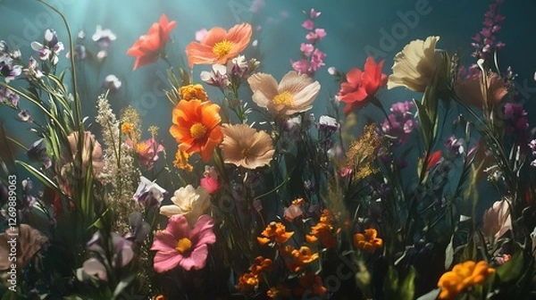 Fototapeta Colorful Wildflower Meadow in the Mountains During a Sunny Day With Clear Blue Skies and Distant Snow-Capped Peaks, Capturing Nature's Beauty and Tranquility
