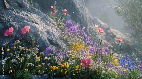 Fototapeta Colorful Wildflower Meadow in the Mountains During a Sunny Day With Clear Blue Skies and Distant Snow-Capped Peaks, Capturing Nature's Beauty and Tranquility
