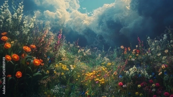Fototapeta Colorful Wildflower Meadow in the Mountains During a Sunny Day With Clear Blue Skies and Distant Snow-Capped Peaks, Capturing Nature's Beauty and Tranquility
