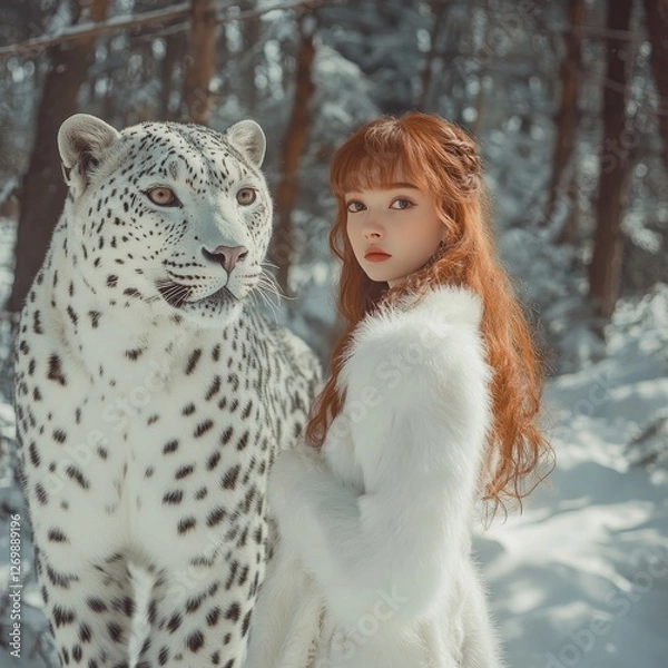 Fototapeta Young Woman With Red Hair Stands Beside a Snow Leopard in a Winter Forest, Showcasing a Harmonious Bond Between Human and Wildlife in a Serene Snowy Setting