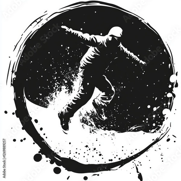 Fototapeta Dynamic Snowboarder Carving Through Fresh Snow in a Dramatic Black and White Illustration With Splashes of Texture