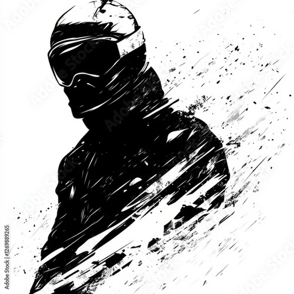 Fototapeta Dynamic Snowboarder Carving Through Fresh Snow in a Dramatic Black and White Illustration With Splashes of Texture