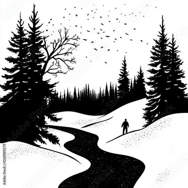 Fototapeta Dynamic Snowboarder Carving Through Fresh Snow in a Dramatic Black and White Illustration With Splashes of Texture