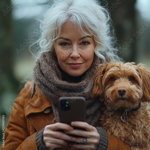 Fototapeta Woman With Silver Hair and Dog Using Smartphone While Outdoors in a Forested Area During a Cool Day in Autumn