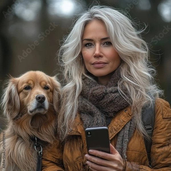 Fototapeta Woman With Silver Hair and Dog Using Smartphone While Outdoors in a Forested Area During a Cool Day in Autumn