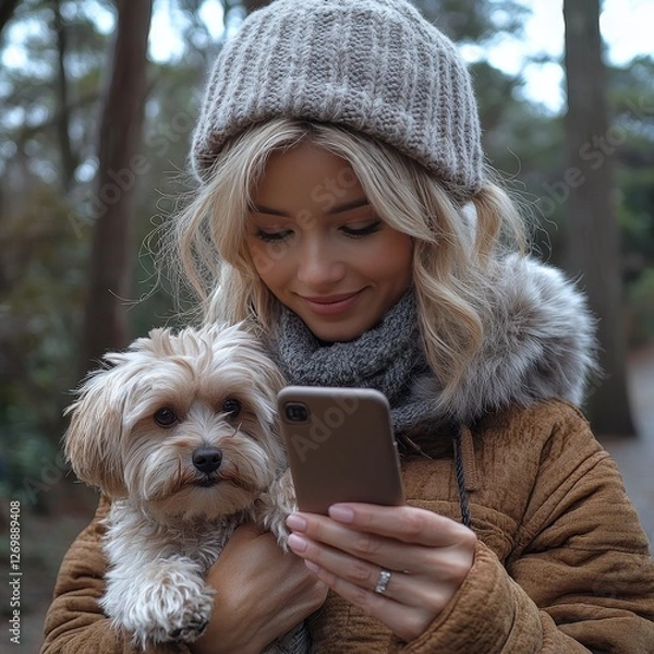 Fototapeta Woman With Silver Hair and Dog Using Smartphone While Outdoors in a Forested Area During a Cool Day in Autumn