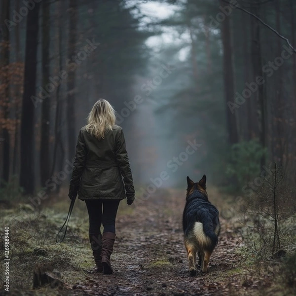 Fototapeta Woman Walking a German Shepherd in a Serene Autumn Forest Path Surrounded by Orange and Yellow Leaves Beneath a Peaceful Sky