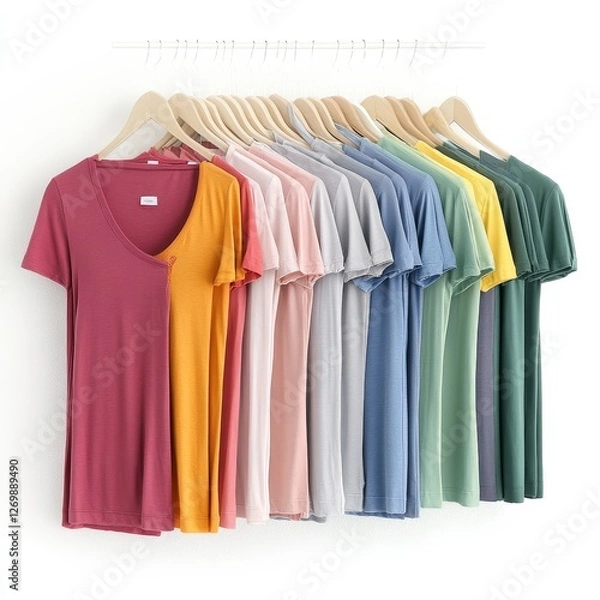 Fototapeta Display of Colorful T-Shirts Hanging on Hangers in a Well-Lit Setting Showcases Various Styles and Hues for Casual Wear and Everyday Comfort