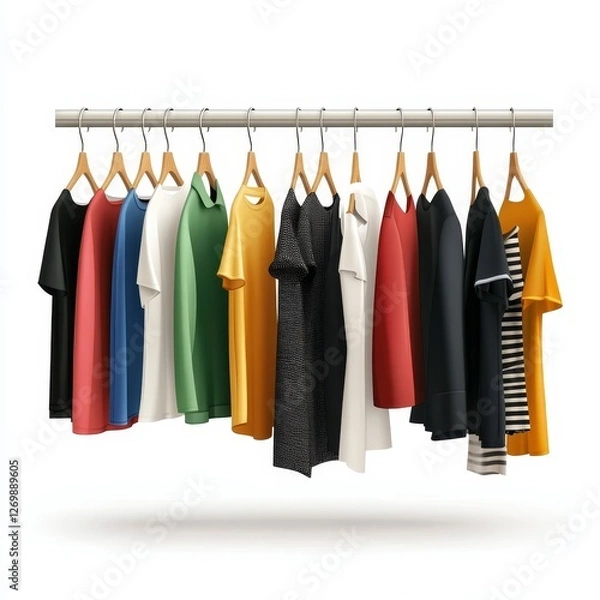 Fototapeta Colorful Assortment of Shirts Displayed on a Rack in a Well-Lit Space, Showcasing a Variety of Styles and Colors for Casual Wear