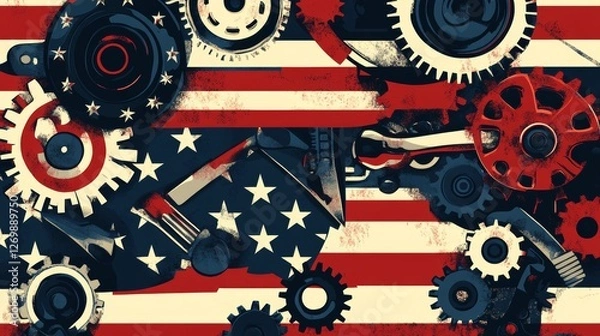 Fototapeta Gears and Tools Blend With American Flag Design Showcasing Industrial Spirit and Patriotism in a Creative and Artistic Representation