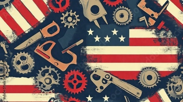 Fototapeta Gears and Tools Blend With American Flag Design Showcasing Industrial Spirit and Patriotism in a Creative and Artistic Representation