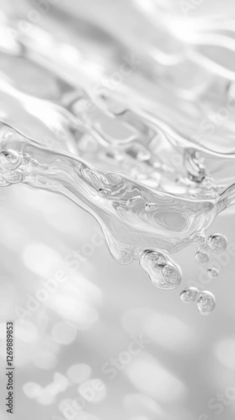 Fototapeta Close up of transparent gel texture - abstract liquid waves and bubbles in monochrome