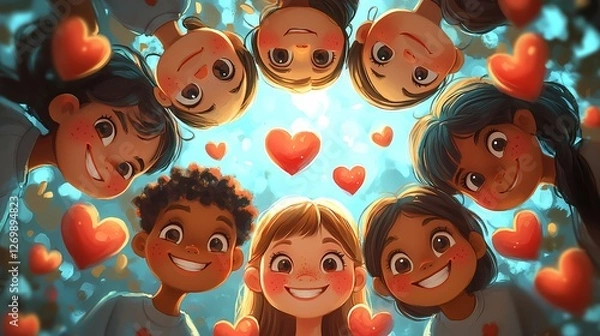 Fototapeta Circle of Love:  A heartwarming illustration of children from diverse backgrounds, united in a circle of love. Their joyful faces and hearts floating in the air create a symbol of unity, compassion.