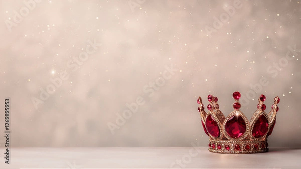Obraz A beautifully crafted crown adorned with vibrant red stones is elegantly sitting atop a pristine light-colored table, enhancing the decor, copy space