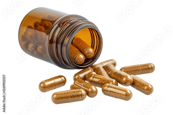 Obraz Golden dietary supplements spilling from a brown glass bottle on a clean surface isolated on transparent background