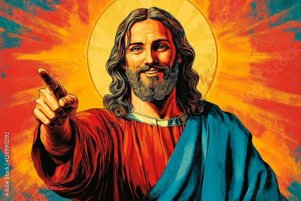 Obraz Jesus pointing, vibrant, religious art.