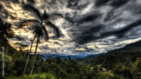 Fototapeta Breathtaking Rainforest Landscape with Majestic Palm Trees and Dramatic Clouds