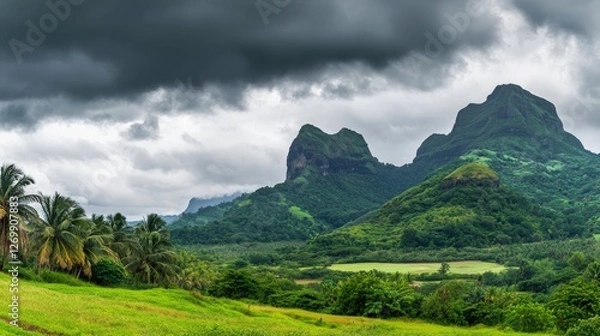 Fototapeta Majestic Tropical Mountain Range Under a Dramatic Sky
