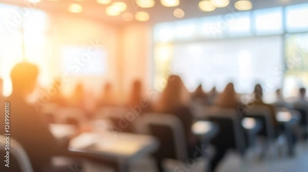 Fototapeta Corporate Seminar Blur: A blurred background of a corporate seminar or training session in a conference hall, with attendees. 
