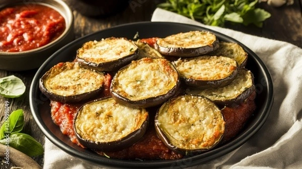 Fototapeta Scrumptious Baked Eggplant Slices with Tomato Sauce and Cheese - A Delicious Italian Dish
