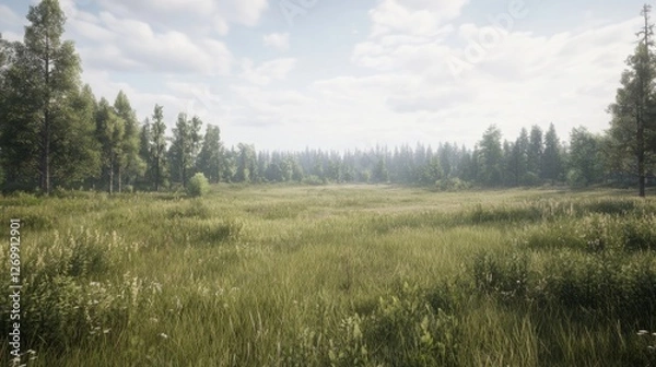 Fototapeta Serene meadow landscape with lush green grass, distant trees, and a cloudy blue sky