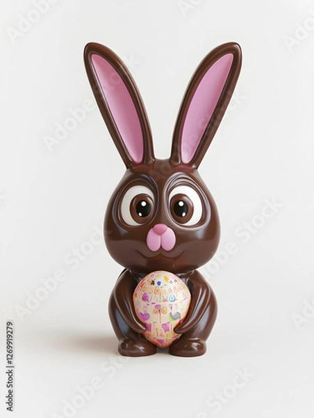 Fototapeta A chocolate rabbit holding an Easter egg. The rabbit is cute and the egg is colorful. Concept of joy and celebration associated with Easter